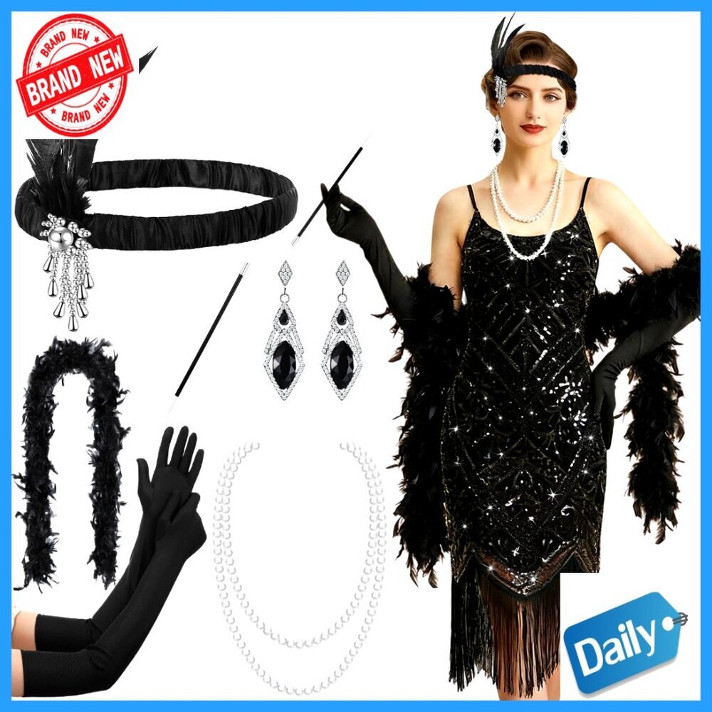 Large Flapper Dress Set with Sequins Fringe Pearl Necklace Gloves